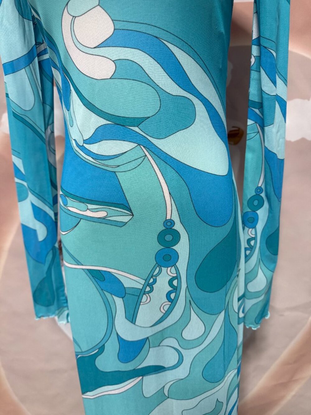 Emilio Pucci Turquoise Swirl-Print Tulle Long-Sleeve Dress - Picture 11 of 13
